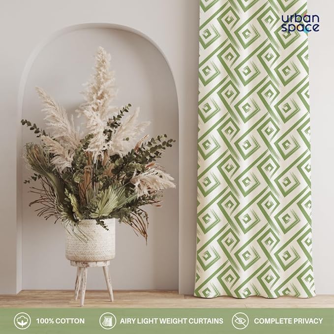 Urban Space Cotton Curtains for Door Bedroom Home Decor Pack of 2 Curtain with Eyelets and Tieback (Colour Basics Green)