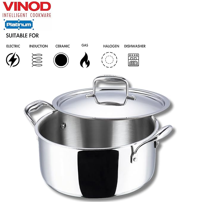 Vinod Platinum Triply Stainless Steel Saucepot With Stainless Steel Lid 4 Litres Capacity | 22 Cm Diameter | With Riveted Handles | Silver