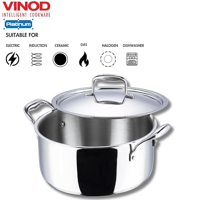 Vinod Platinum Triply Stainless Steel Saucepot with Lid - 1.8 Litre, 18 cm | 2.5mm Thick | SAS Bottom | Biryani Pot