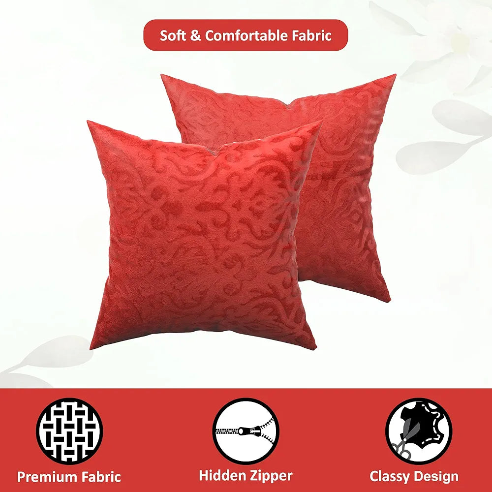 Kuber Industries Set of 5 Washable & Removable Velvet Sofa Pillow Covers with Zip Floral Design Red