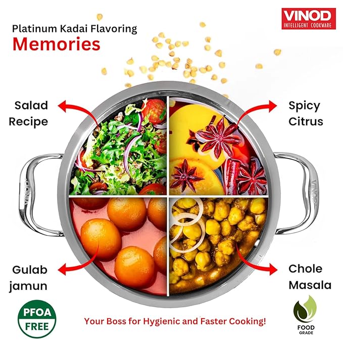 Vinod Platinum Triply Stainless Steel Kadai with lid 5.5 Litre (32 cm) | 2.5mm Thick | 3 Layer Stainless Steel Cookware