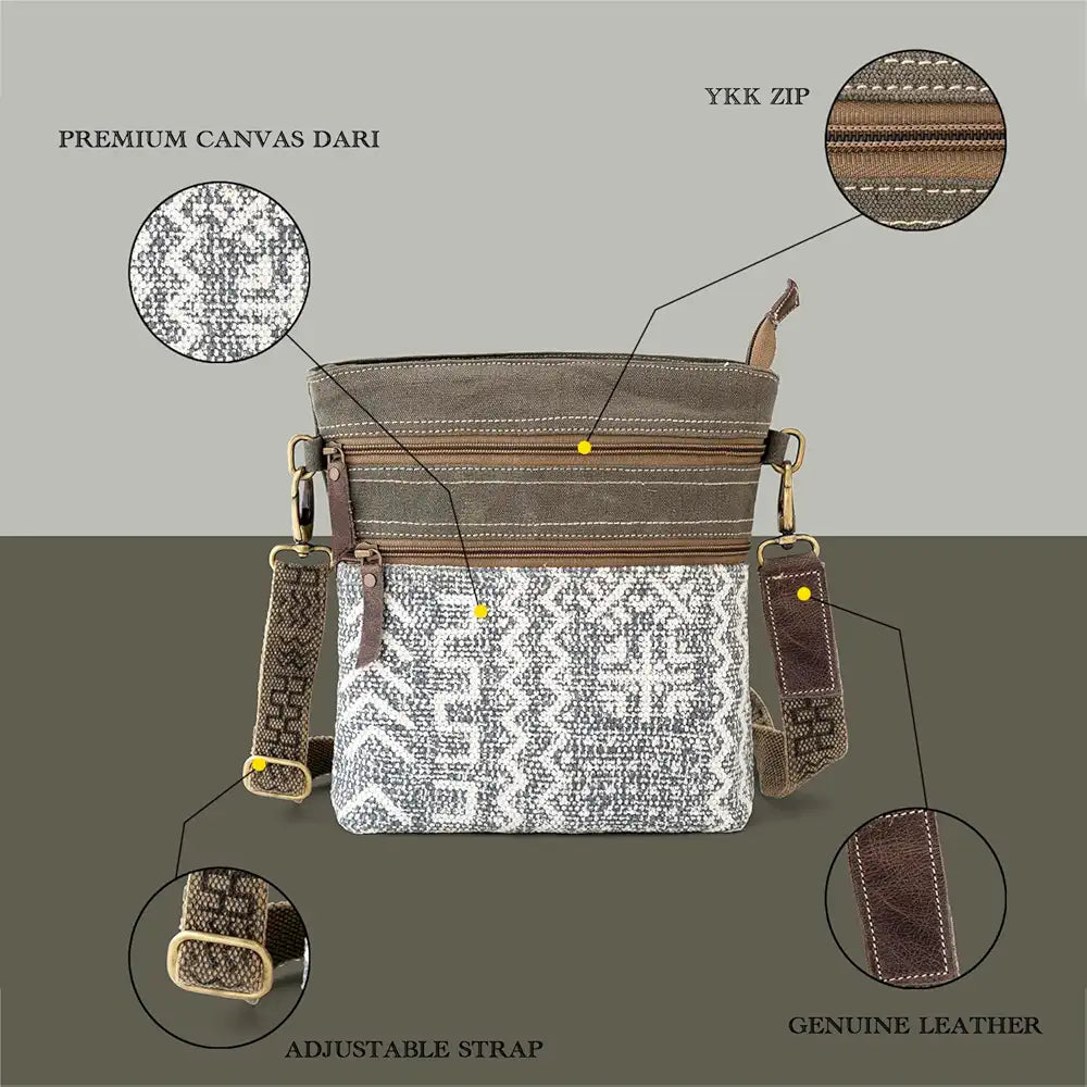 Goatter Cotton Dari And Leather Material Messenger Sling Bag For Women, Green Color