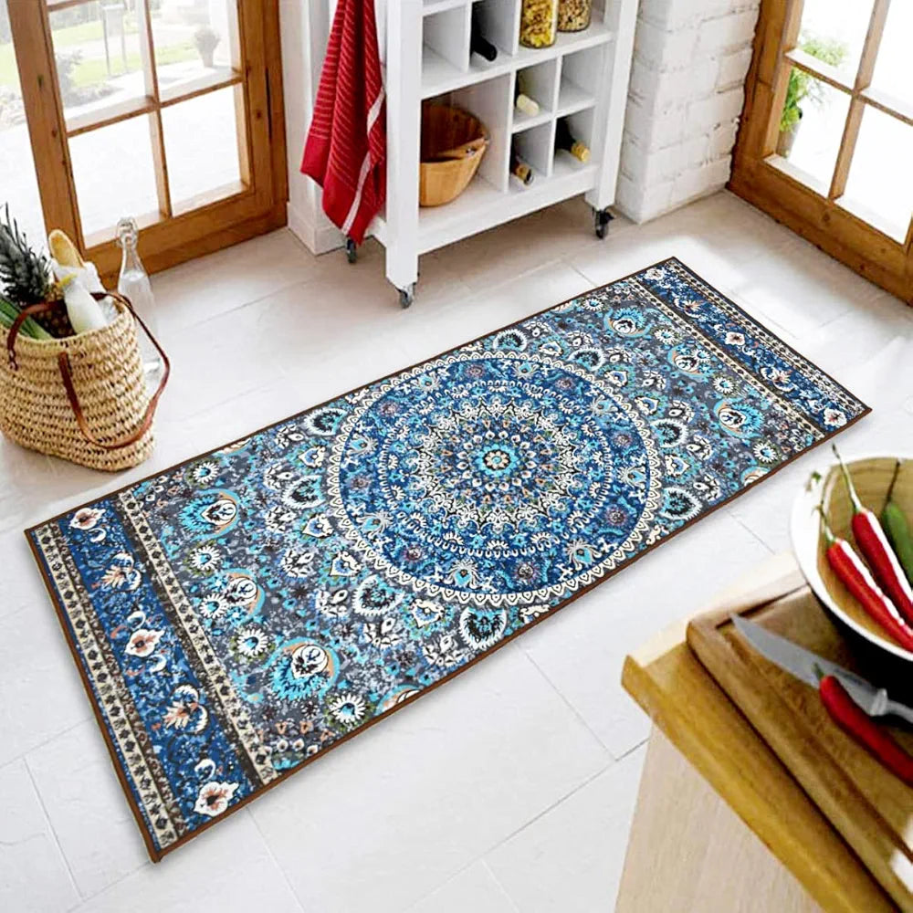 Ishro Home 3d Printed Bedside Runner Carpet Anti Skid For Home Kitchen Colour Geometrical Blue