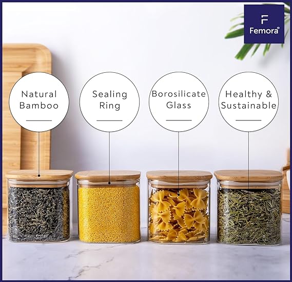 Femora Kitchen Storage Jars Borosilicate Glass Jar With Wooden Lid Air Tight Jar | 1000 Ml | Pack of 4