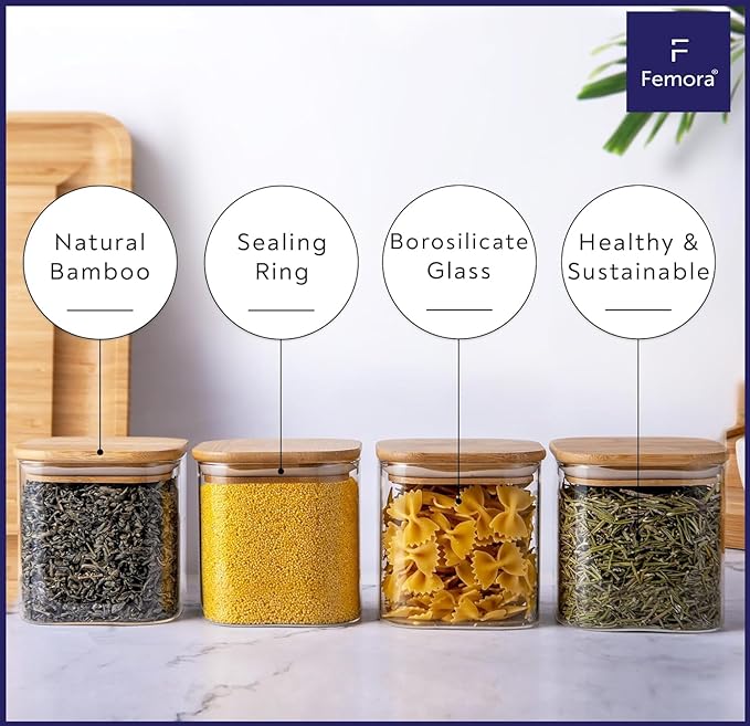 Femora Kitchen Storage Jars Borosilicate Glass Jar With Wooden Lid Air Tight Jar | 450 Ml | Pack of 4