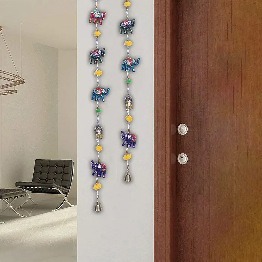 Heart Home Handcrafted Elephant Door Latkan with Bells Rajasthani Traditional Hanging Windchimes Pair