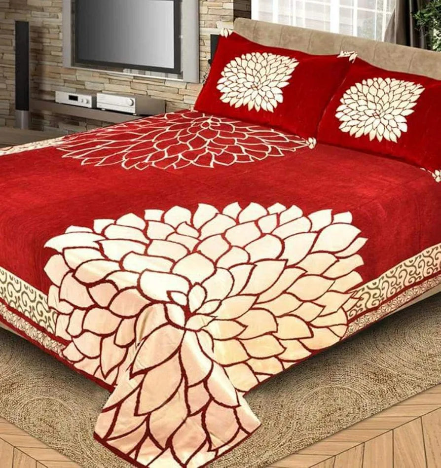 Fresh From Loom Floral Bedsheet Cum Bed Spread for Double Bed King Size 500 TC Chenille Velvet Bed Cover with 2 Pillow Cover Marigold Red