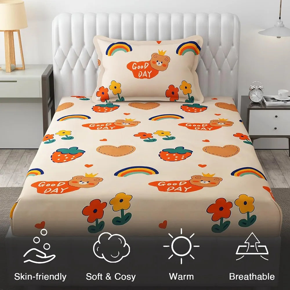 Fresh From Loom Elastic Printed Fitted Bedsheet For Kids For Single Bed With 1 Pillow Cover Small Single Beige 300 TC Pale