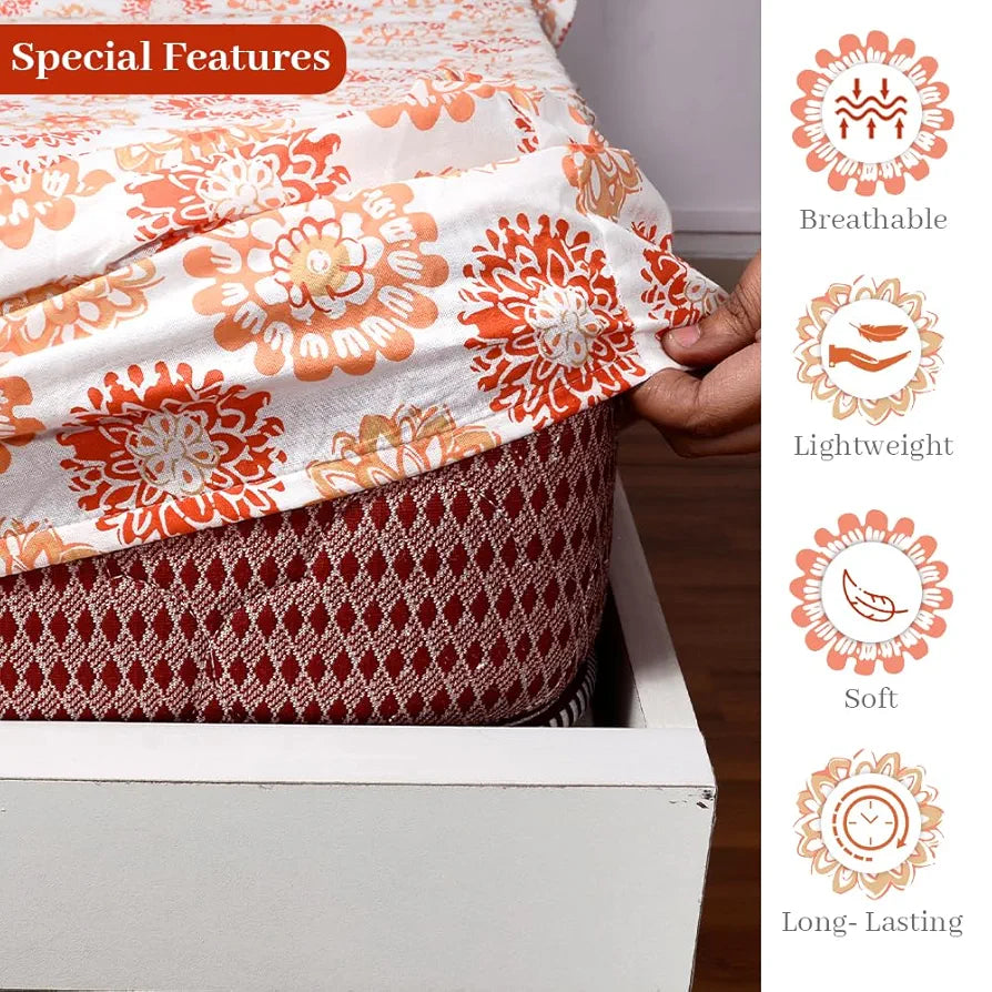 Divine Casa 100% Cotton Double Bed Bedsheet Set 1 Bedsheet & 2 Pillow Covers 144 TC Breathable & Wrinkle Free Colour Blazing Orange