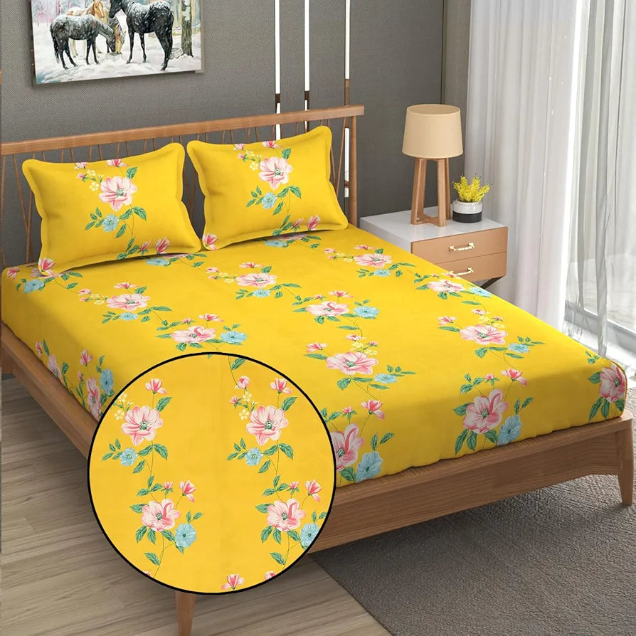 Fresh From Loom Hypoallergenic King Size Floral Print Microfiber Bedsheet Set 240 TC Includes 2 Pillow Covers Daisy-Yellow