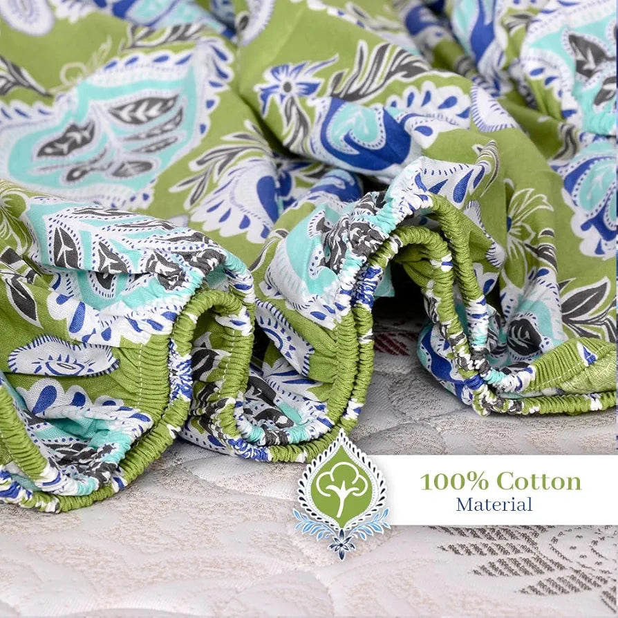 Divine Casa 144 TC Cotton Abstract Printed Queen Size Double Bed Elastic Fitted Bedsheet with 2 Pillow Cover Colour Forest Green
