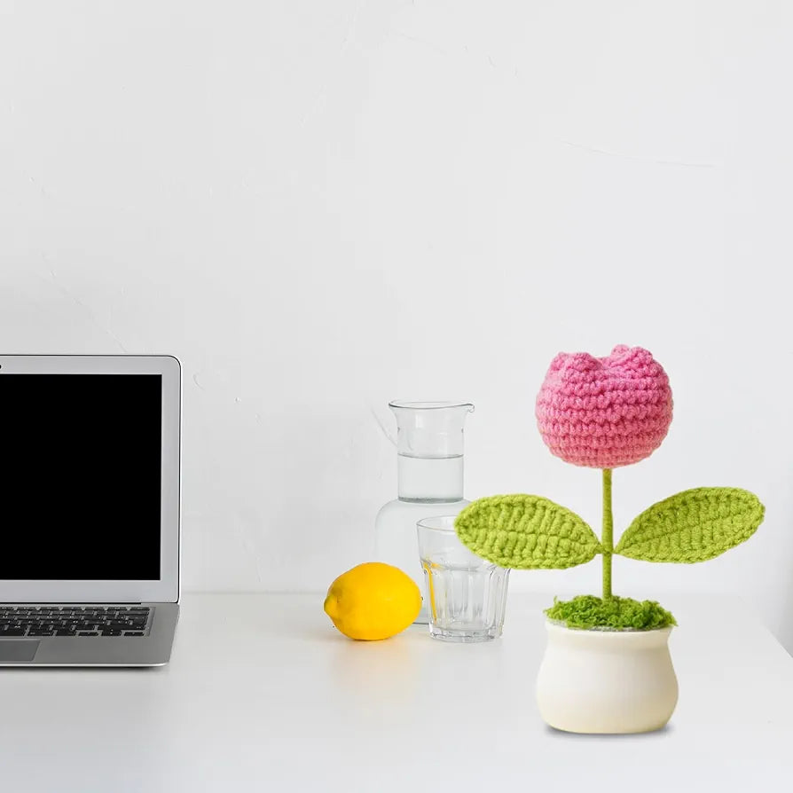 Handmade Crochet Flower Pot Rose and Tulip Artificial Flower Knitted Flower