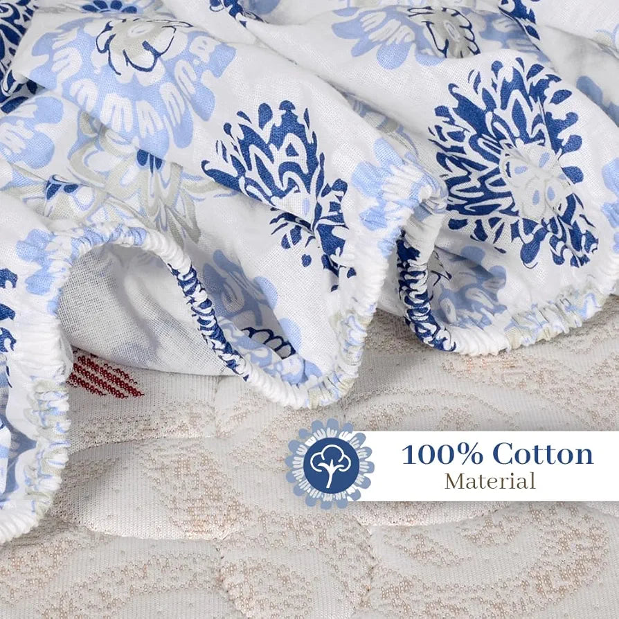 Divine Casa Blue and Grey Floral Pattern 144 TC 100% Cotton Elastic Fitted Printed Queen Size Double Bed Bedsheet with 2 Pillow Cover for Bedroom