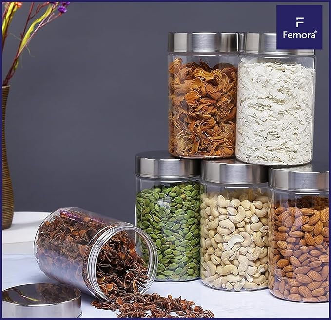 Femora Kitchen Storage Jars Borosilicate Glass With Steel Lid Air Tight Jar | 750 Ml | Pack of 4