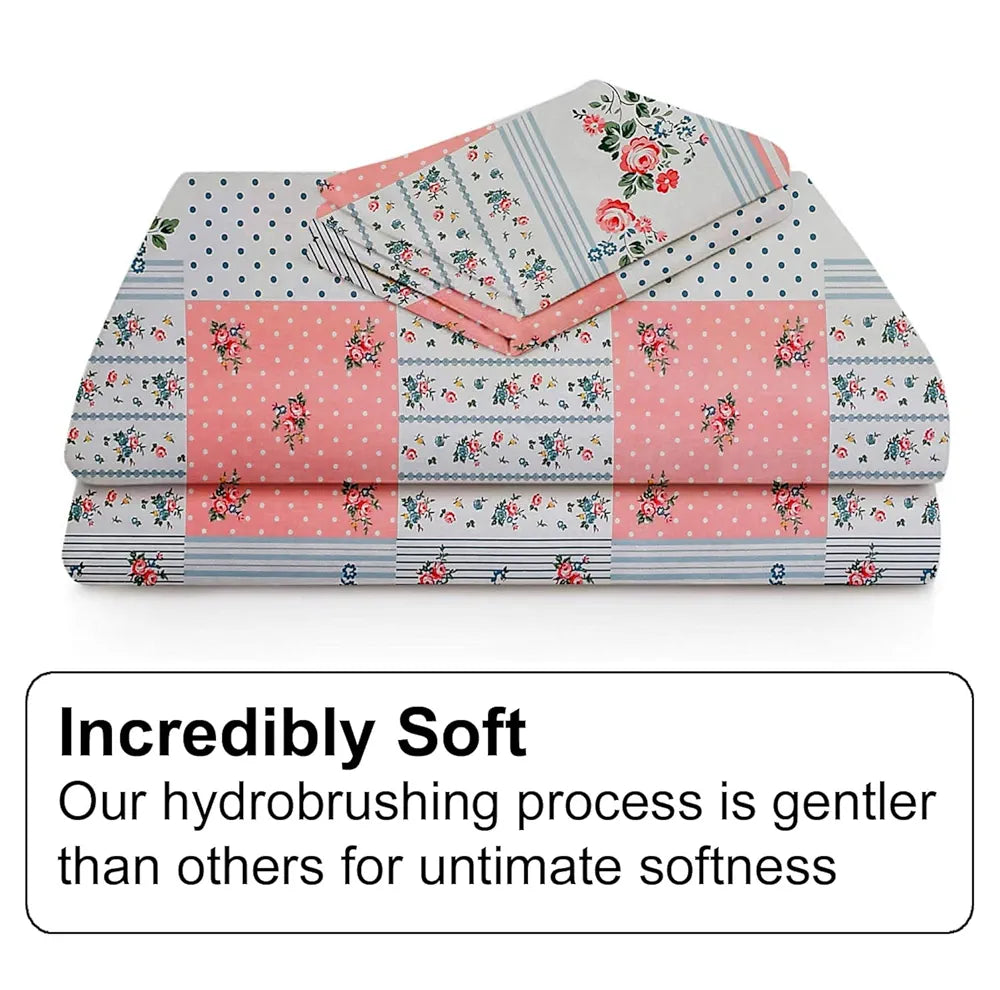 Fresh From Loom Floral Print King Size Fitted Bedsheet Set Microfiber 240 TC 2 Pillow Covers Pink White