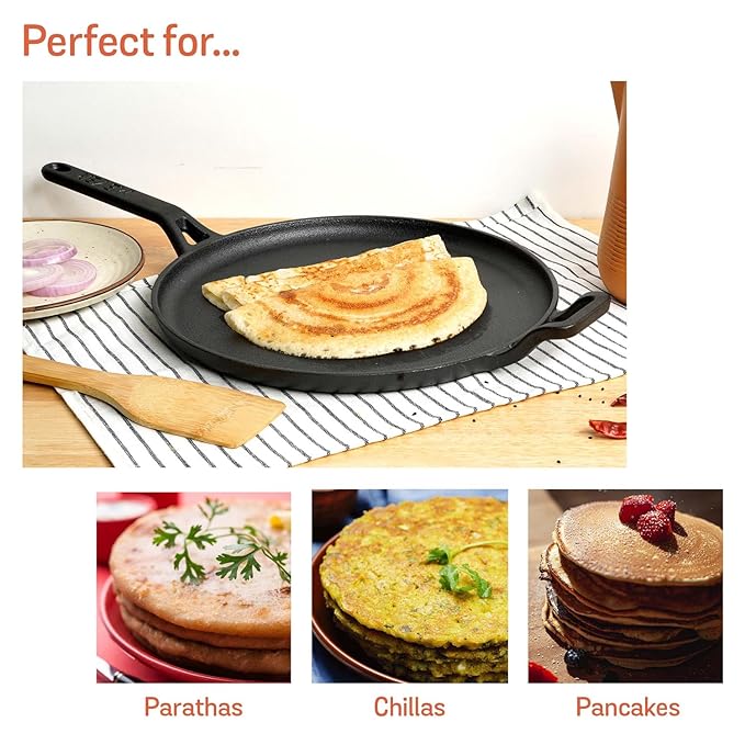 Meyer Pre-Seasoned Cast Iron Flat Dosa|Roti|Chapati Tawa Pan with Stick Handle 28cm|Black