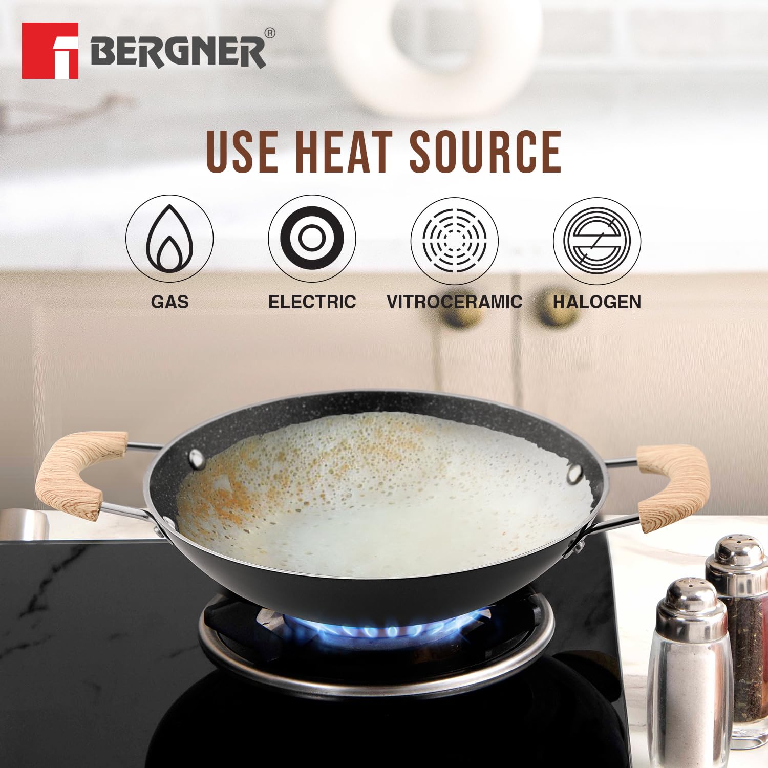 Bergner Bellini Plus Aura 5-layer Non-stick 20 Cm Appachetty With Stainless Steel Lid, Wooden Finish Soft Touch Handle