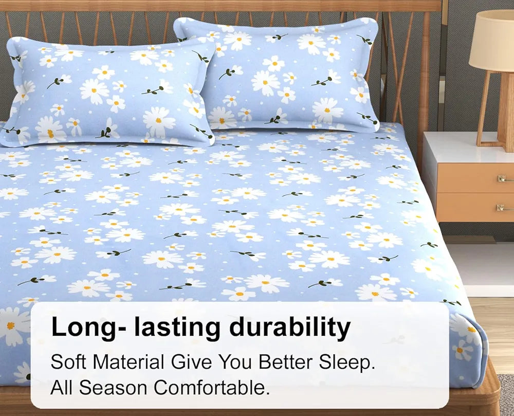 Fresh From Loom Soft Microfiber Floral Print King Size Fitted Bedsheet 240 TC 2 Pillow Covers Casper Blue