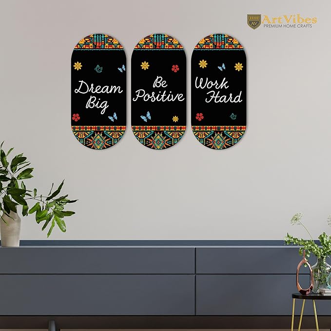 Artvibes Dream Big Positive Quotes Printed Wooden Wall Hanger for Home | Modern Decoration Items | Artworks | Set of 3