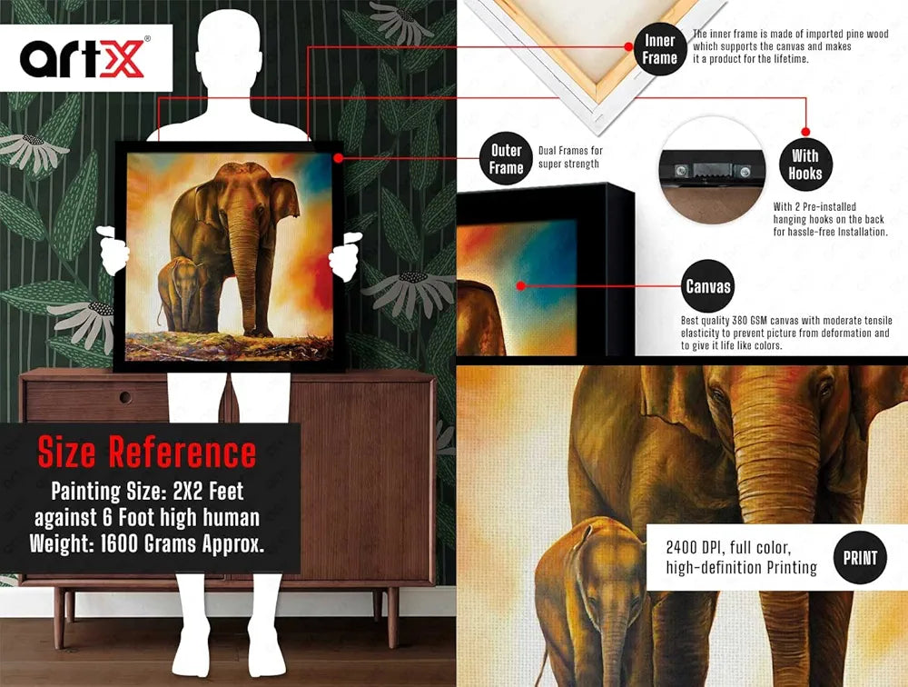 ArtX Elephant and Baby Abstract Big Canvas Painting For Bedroom With Frame