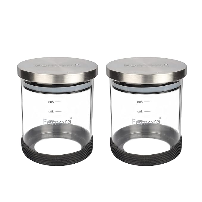 Femora Storage Jars Borosilicate Glass With Silicon Bottom Air Tight Jar With Steel Lid | 500 Ml | Pack of 2
