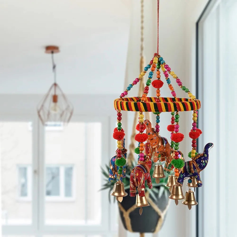 Kuber Industries Rajasthani Traditional Windchimes Hanging Ring Elephant with Bells Pack of 2