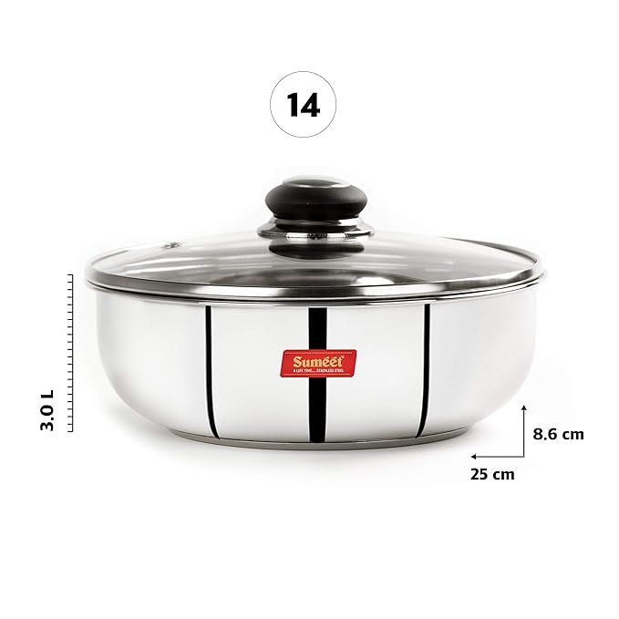 Sumeet Stainless Steel Encapsulated Bottom Induction Tasra with Glass Lid 3Ltr 25cm) Silver