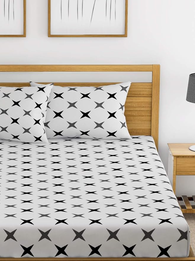 Huesland by Ahmedabad Cotton 144 TC Cotton King Size Bedsheet with 2 Pillow Covers - White, Grey