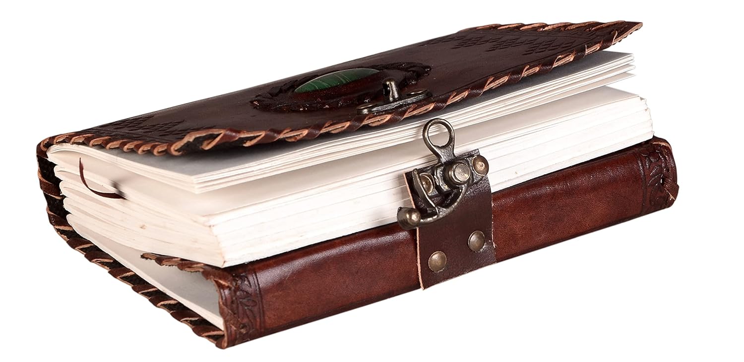 CraftShades – Leather Diary with Antique Green Stone Handmade Leather Bound Diary for Men and Women Unlined 5×7 inches Size 200 Pages Travel Diary with Antique Lock Best Choice of Gift for Raksha Bandhan Day (Green Stone)