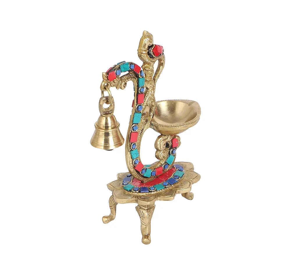 Two Moustaches Gemstone Work Ethnic Carved Peacock Design Brass Diya with Bell
