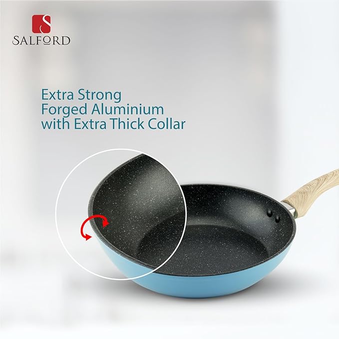 Salford by Ucook Forged Non-stick Frypan With Soft Touch Wooden Handle | Black Spatter Dusty Blue | 240mm | 1.85 Litre