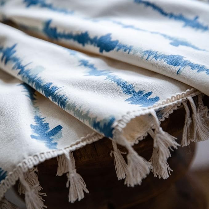 Huesland Cotton Curtains for Windows, 5 Feet Long 1 Bohemian Eyelet Curtain | Blue Vertical Stripes