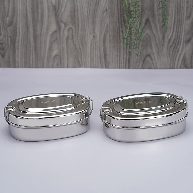 Sumeet Stainless Steel Rectangle Lunch Box/Tiffin  Set of 2 Pcs 650 ml Each Silver
