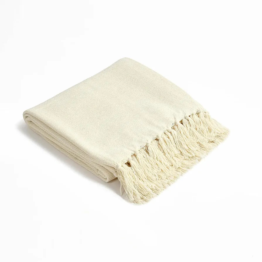 Sashaa World Solid White Cotton Throw Colour Cream