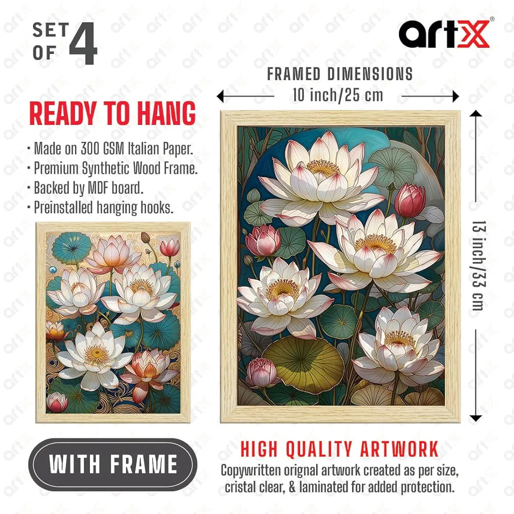 ArtX Paper Lotus Flowers Art Paintings With Frame Multicolor Set of 4