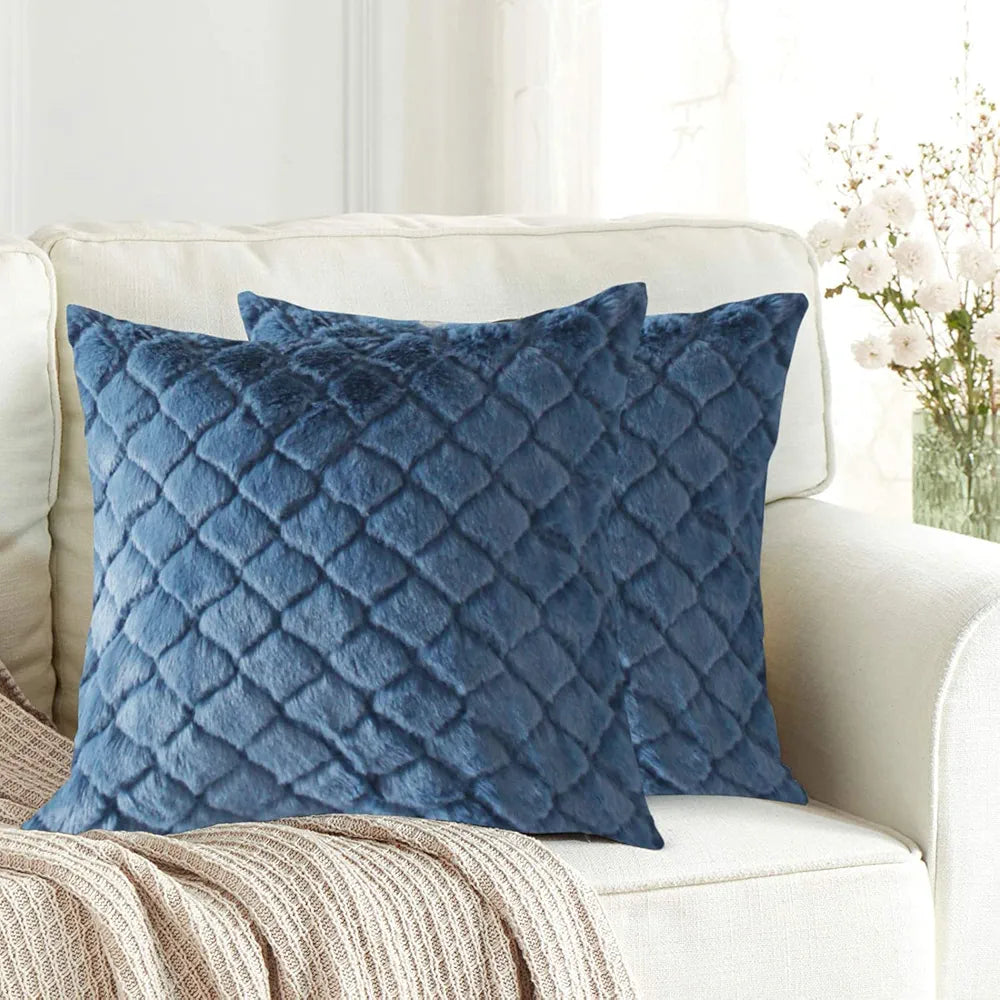 Luxe Home Cushion Cover Duble Side Rabbit Fur Diamond Design Covers Set of 2 Colour Blue
