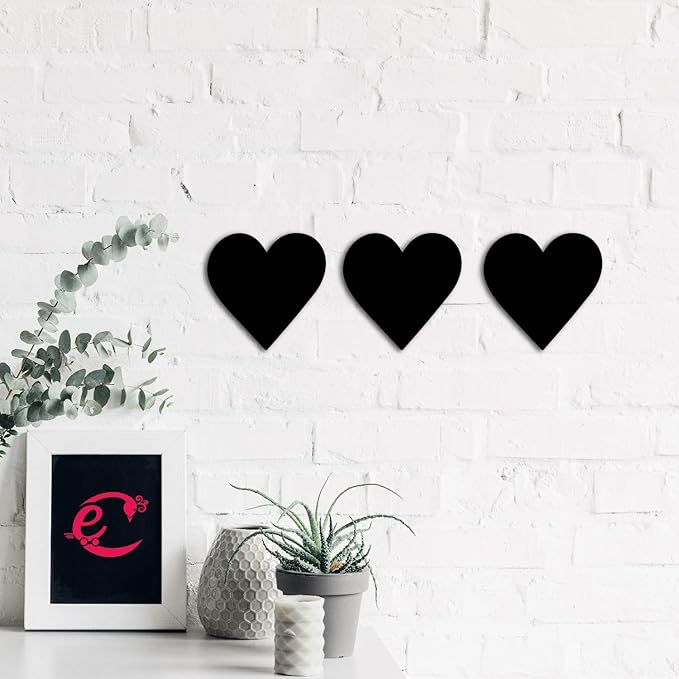 Ecraftindia Set of 3 Hearts Black Engineered Wood Wall Art Cutout | Ready to Hang Home Decor