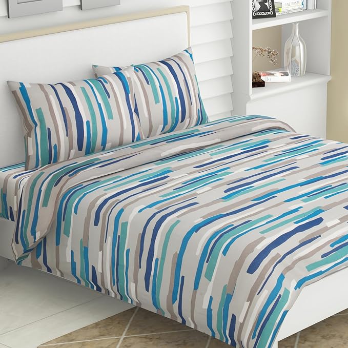 Haus & kinder Cotton Queen Size Bedsheet for Double Bed (90 X 100 Inches) with 2 Pillow Covers | 144 TC Bed Sheet Aqua Fushion
