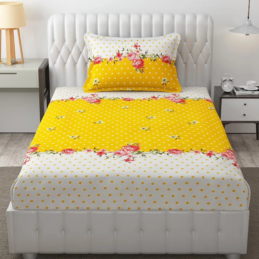 Fresh From Loom Single Bedsheet Single Size with 1 Pillow Covers 144 TC Yellow White