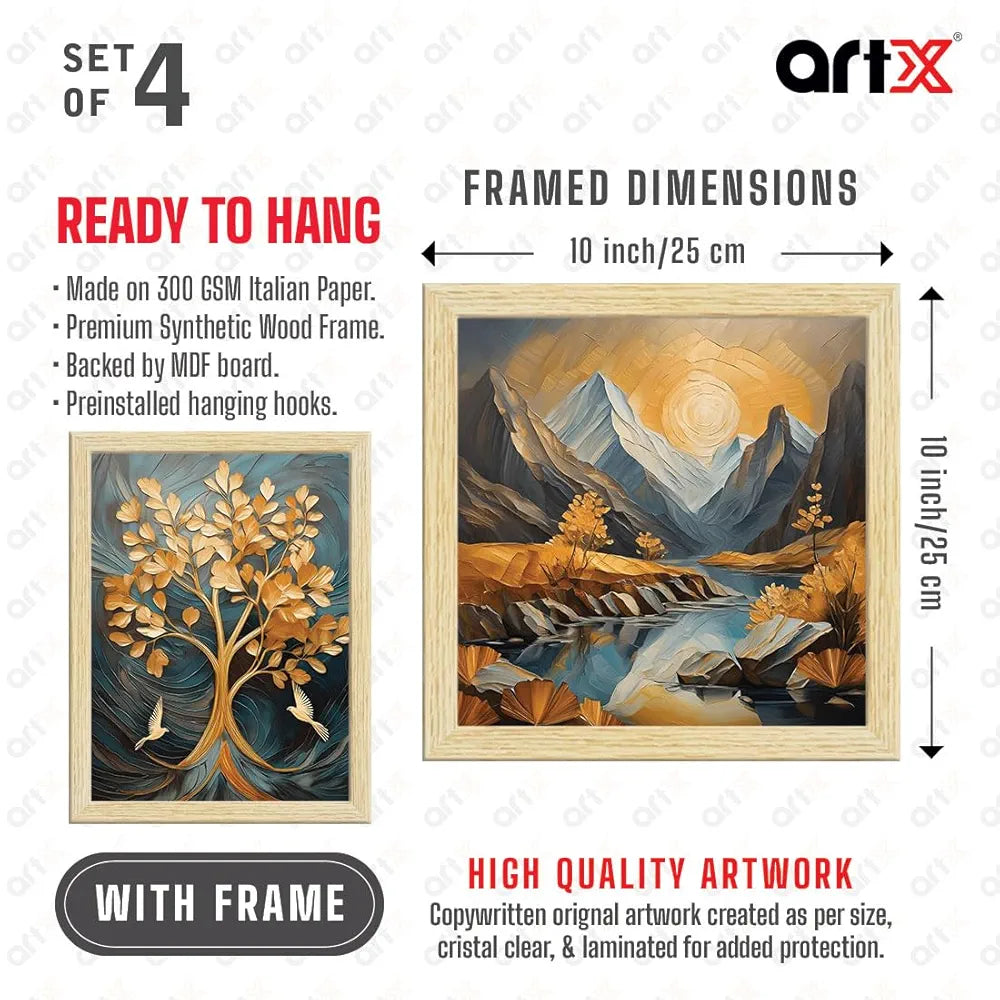 ArtX Paper Golden Deer Sunrise Scenery Flower Tree Art Paintings with Frame Set of 4