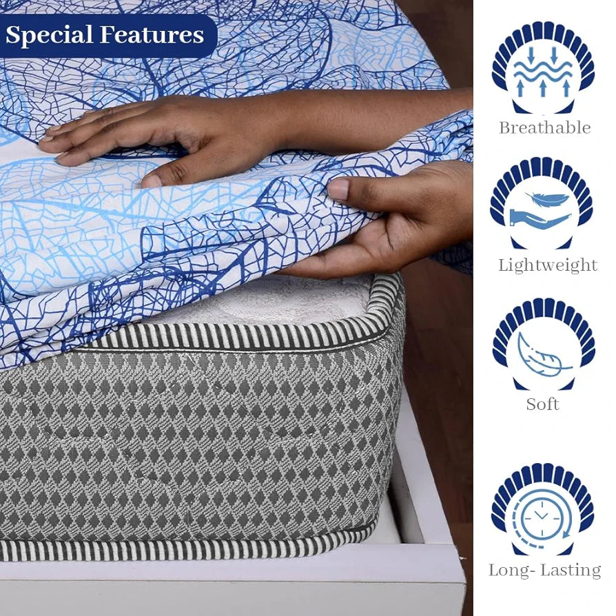 Divine Casa 144 TC Cotton Fitted Bedsheet for Single Bed 100% Cotton Floral Blue with 1 Pillow Cover Colour Iris Blue
