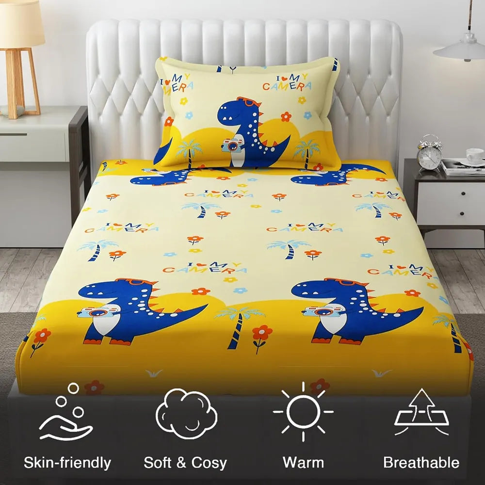Fresh From Loom Elastic Fitted Bed Sheet Cartoon Printed Bedsheet for Kids 300 TC Multicolor Cream and Blue