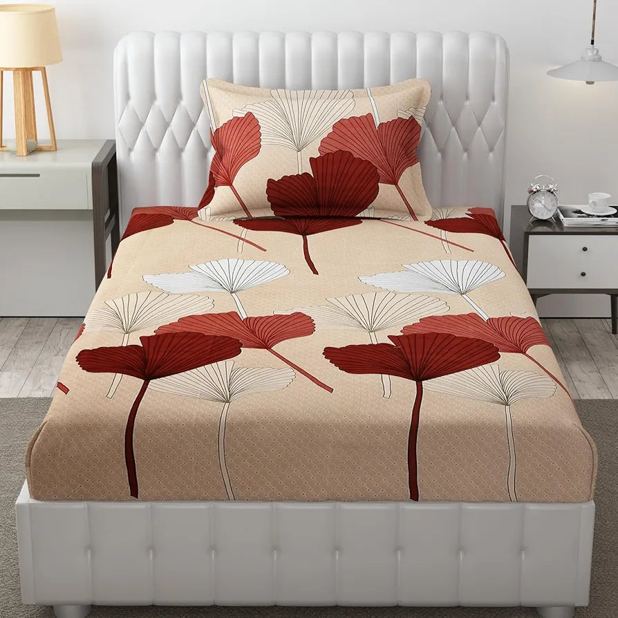 Fresh From Loom Floral Single Size Bedsheet Microfiber Rotary Printed Hypoallergenic with 1 Pillow Covers Multicolor 144 TC Almond