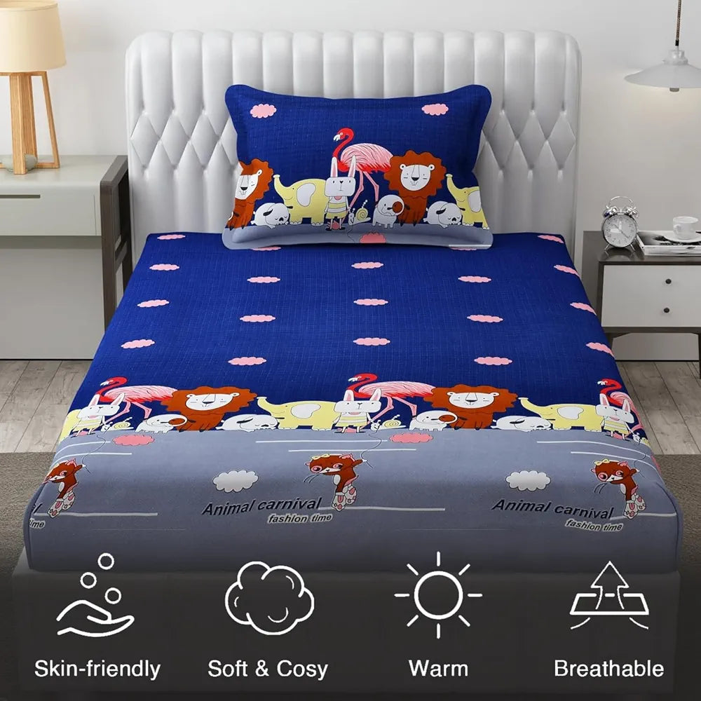 Fresh From Loom Glace Cotton 300 tc Wrinkle Free Soft Hypoallergenic Elastic Fitted Cartoon Printed Bedsheets For Kids With 1 Pillow Jungle Blue Smallsingle