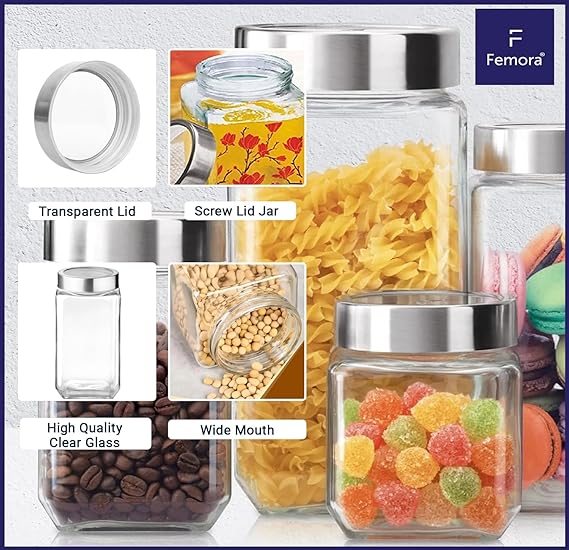 Femora Kitchen Storage Jars Transperent Glass With Steel Lid Air Tight Jar | 1550 Ml | Pack of 4