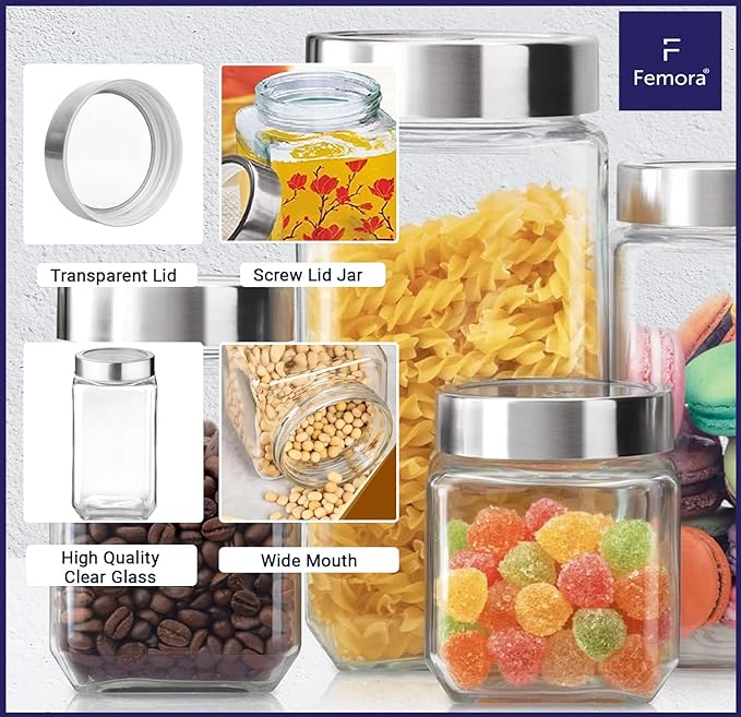 Femora Kitchen Storage Jars Transperent Glass With Steel Lid Air Tight Jar | 850 Ml | 2000 Ml | Set of 2