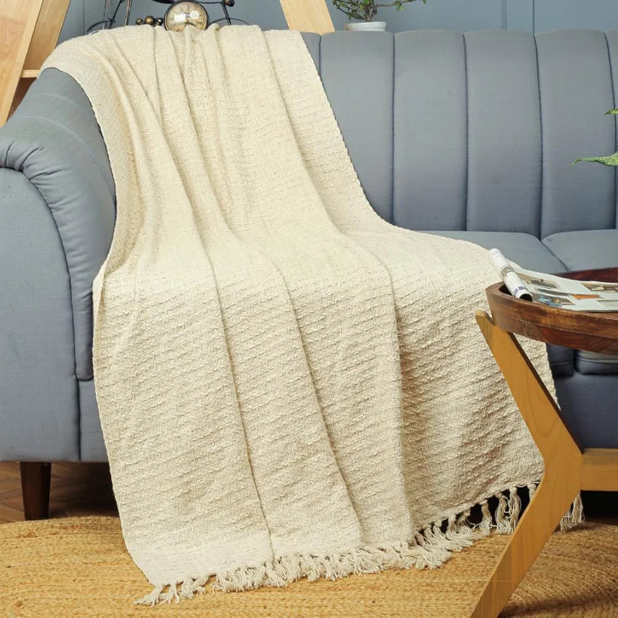 Homadorn Waffle 100% Cotton Throw Blanket Colour Off White