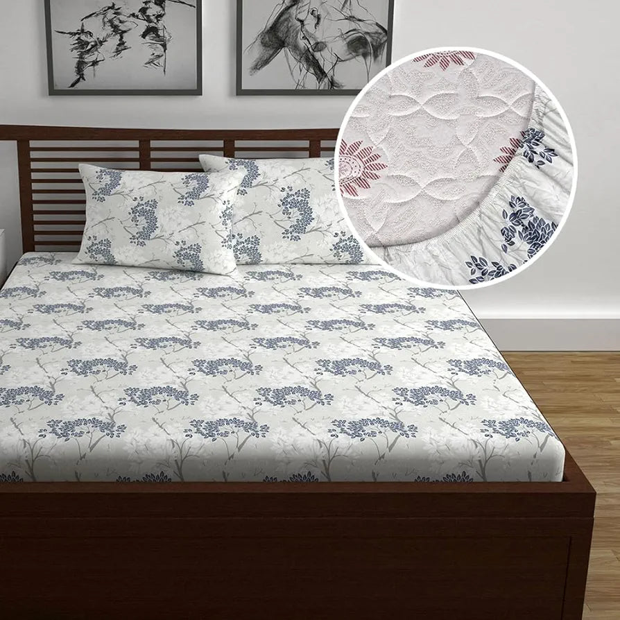 Divine Casa 144 TC 100% Cotton Floral Pattern Elastic Fitted Queen Size Bedsheet with 2 Pillow Covers Cream & Brown Print Ideal Colour Harbor Mist