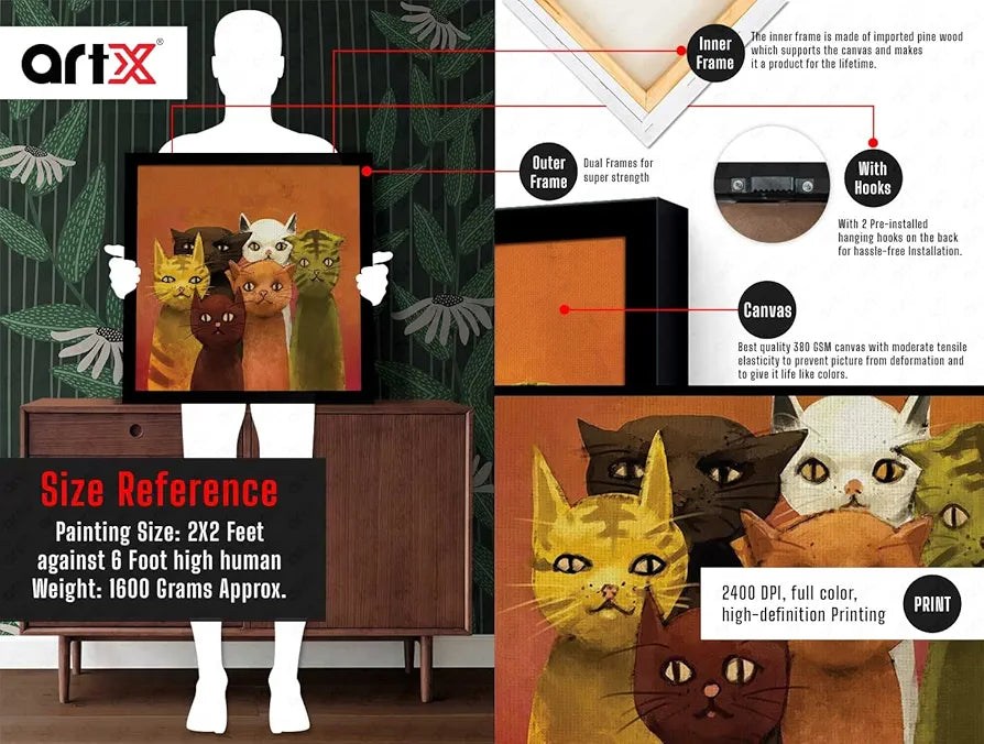 ArtX Group Cat Family Big Canvas Painting For Bedroom and Living Room With Frame