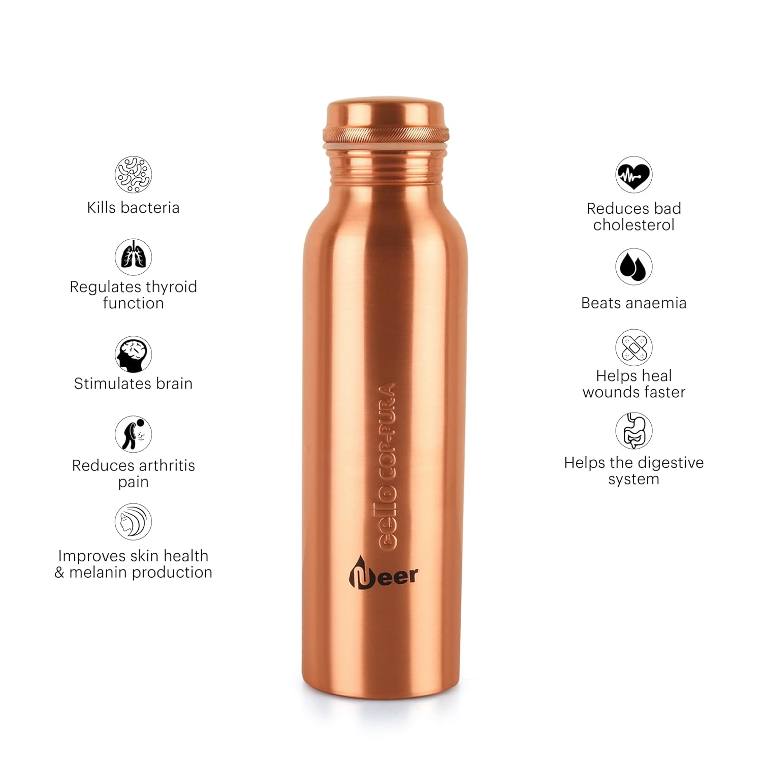 Cello Cop-pura Neer Copper Water Bottle | 1000 Ml | Copper